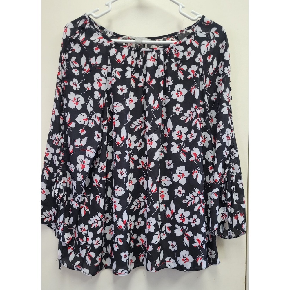 Valerie stevens black floral loose Fitting tunic  women's top size large EUC‎